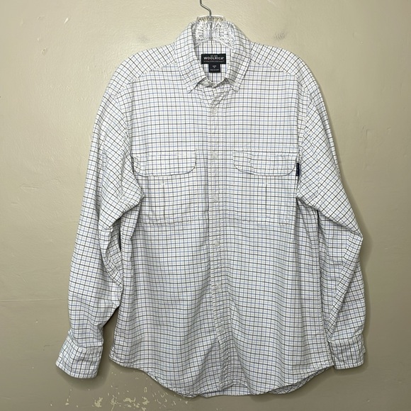 WOOLRICH Button Down Shirt TATTERSALL Blue & Creamy White Patch Chest Pockets Md - Picture 1 of 13